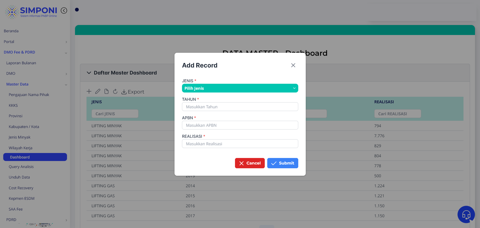 Formulir Tambah Data Dashboard