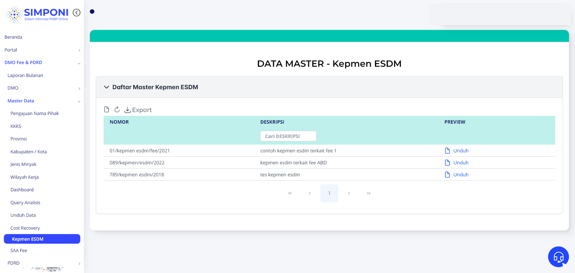 Tampilan Daftar Master Kepmen ESDM