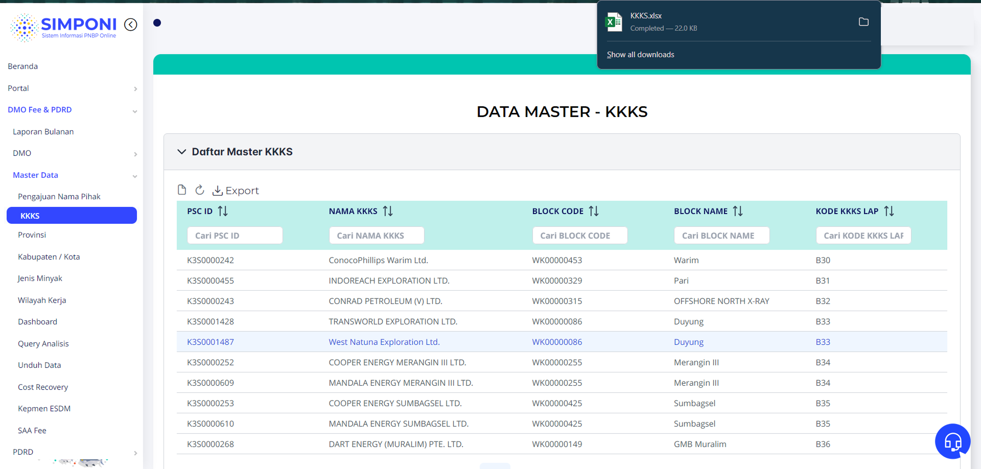 Proses Ekspor Data KKKS ke Excel