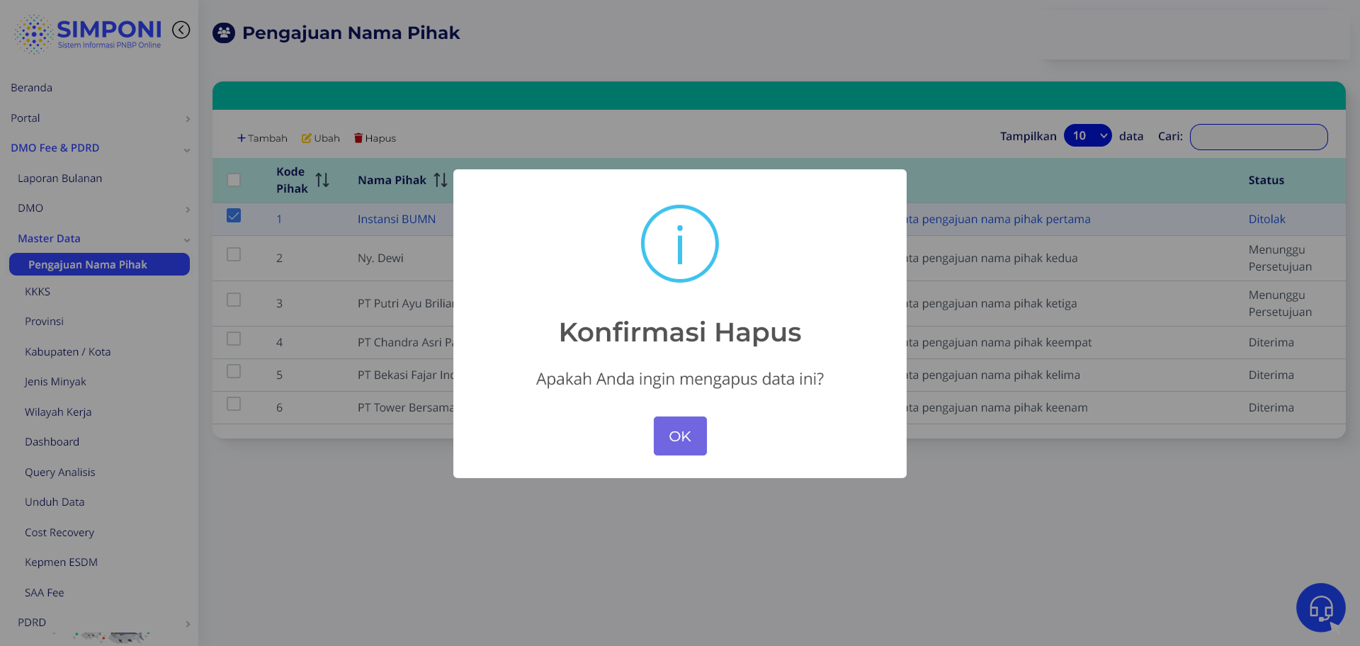 Konfirmasi Hapus Pengajuan Nama Pihak