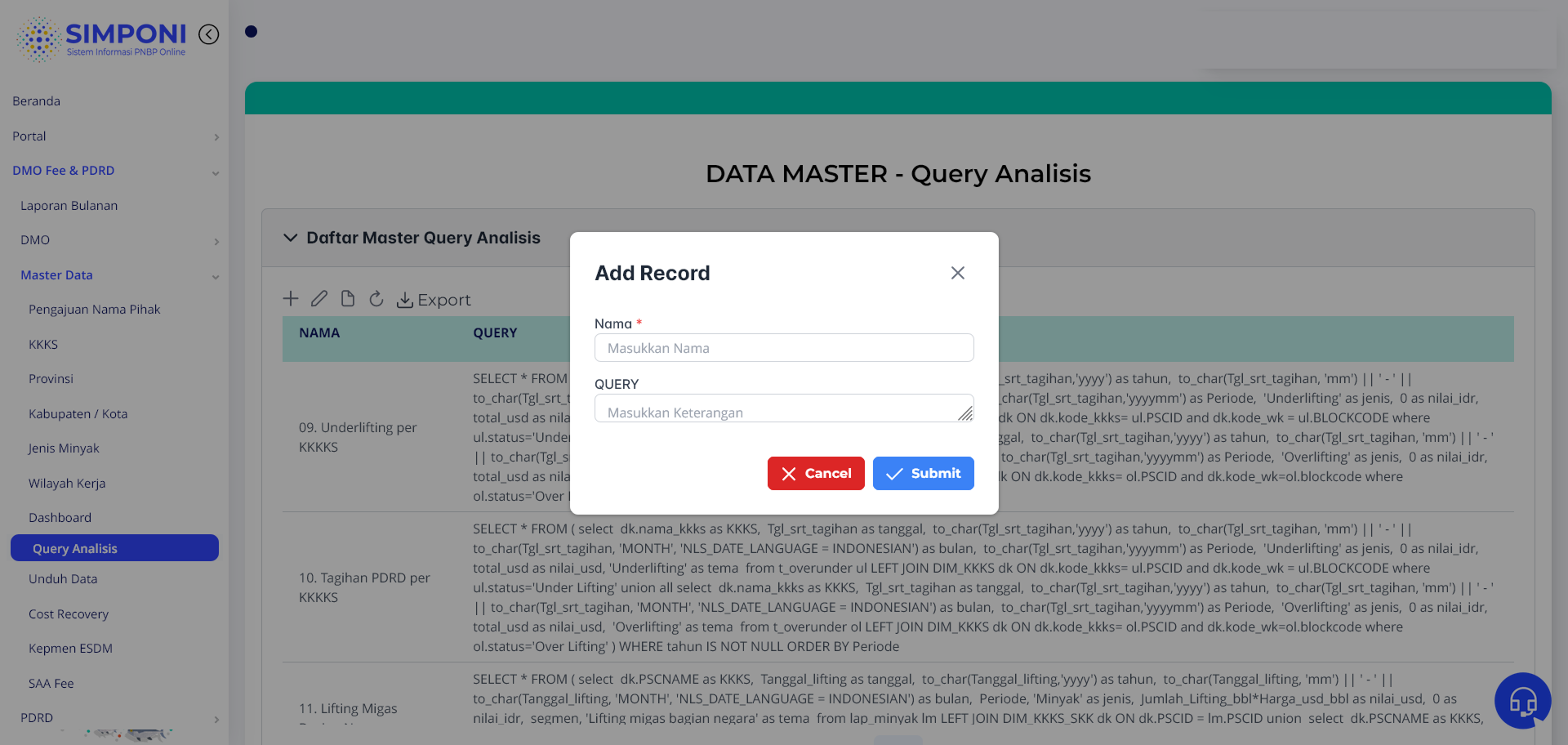 Formulir Tambah Data Query Analisis