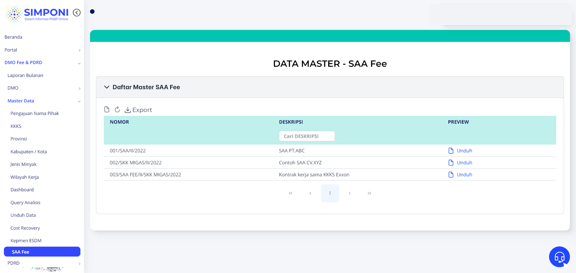 Tampilan Daftar Master SAA Fee