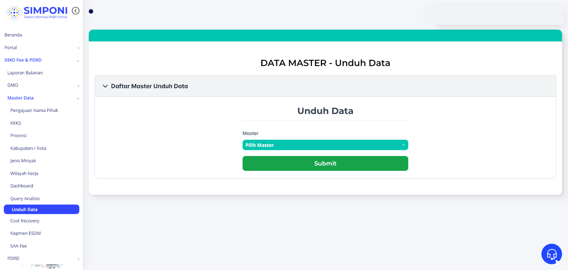 Tampilan Pilihan Unduh Data Master