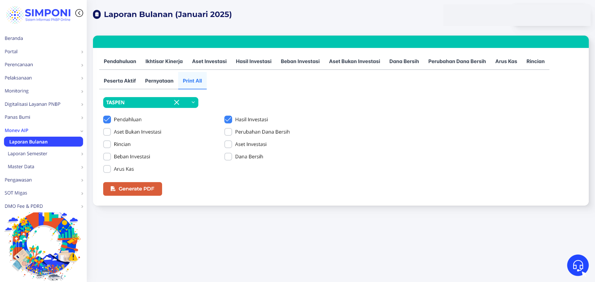 Tampilan Memilih Bagian Laporan untuk Dicetak