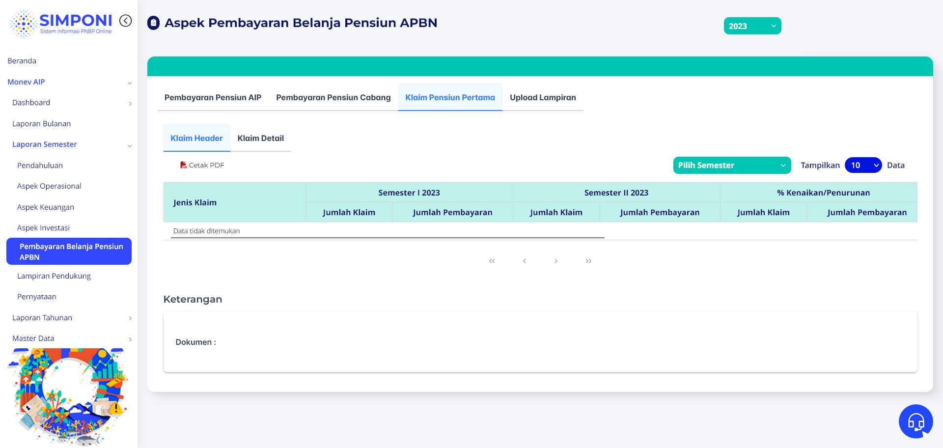 Tampilan Tab Klaim Pensiun Pertama - Header (Semester)