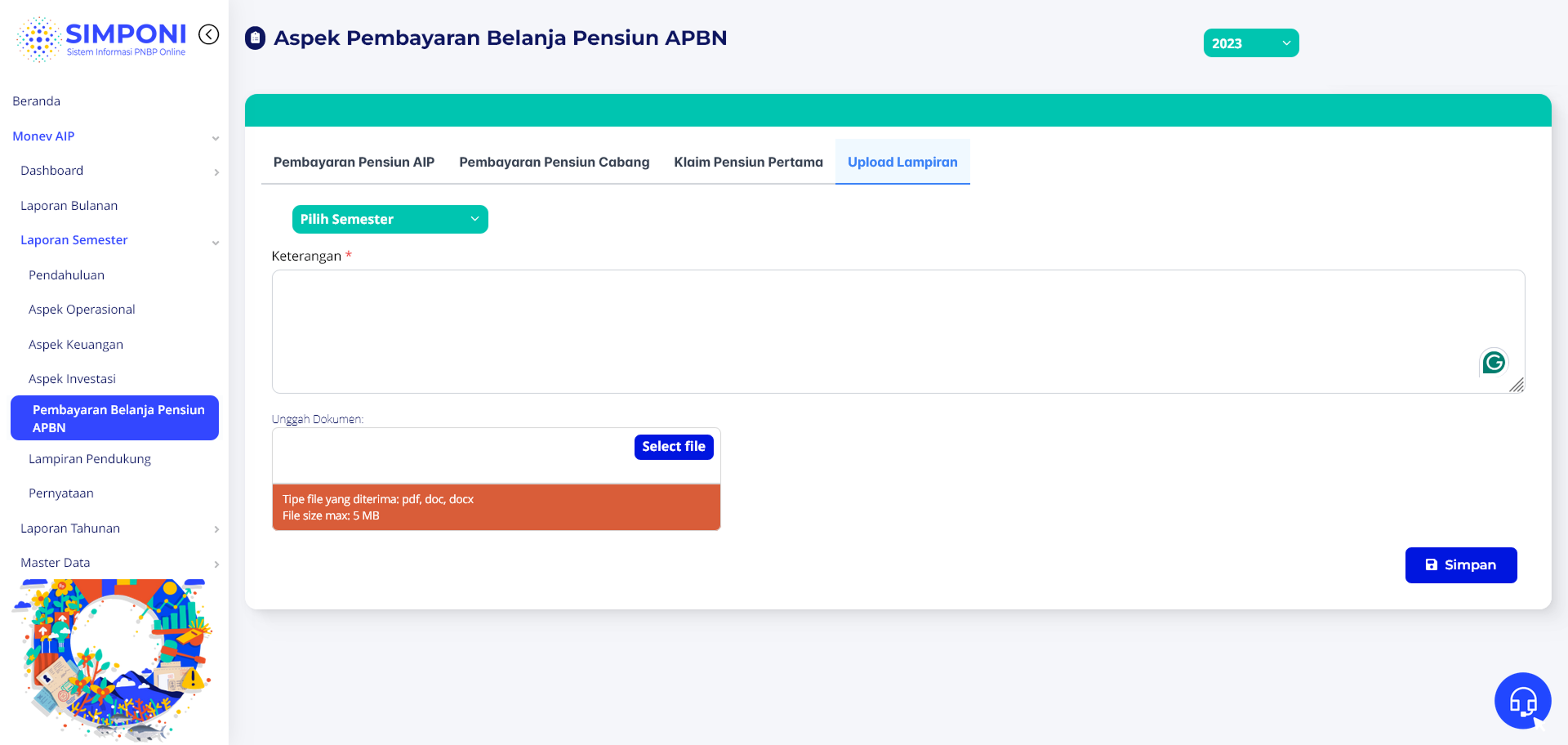 Tampilan Tab Upload Lampiran (Semester)