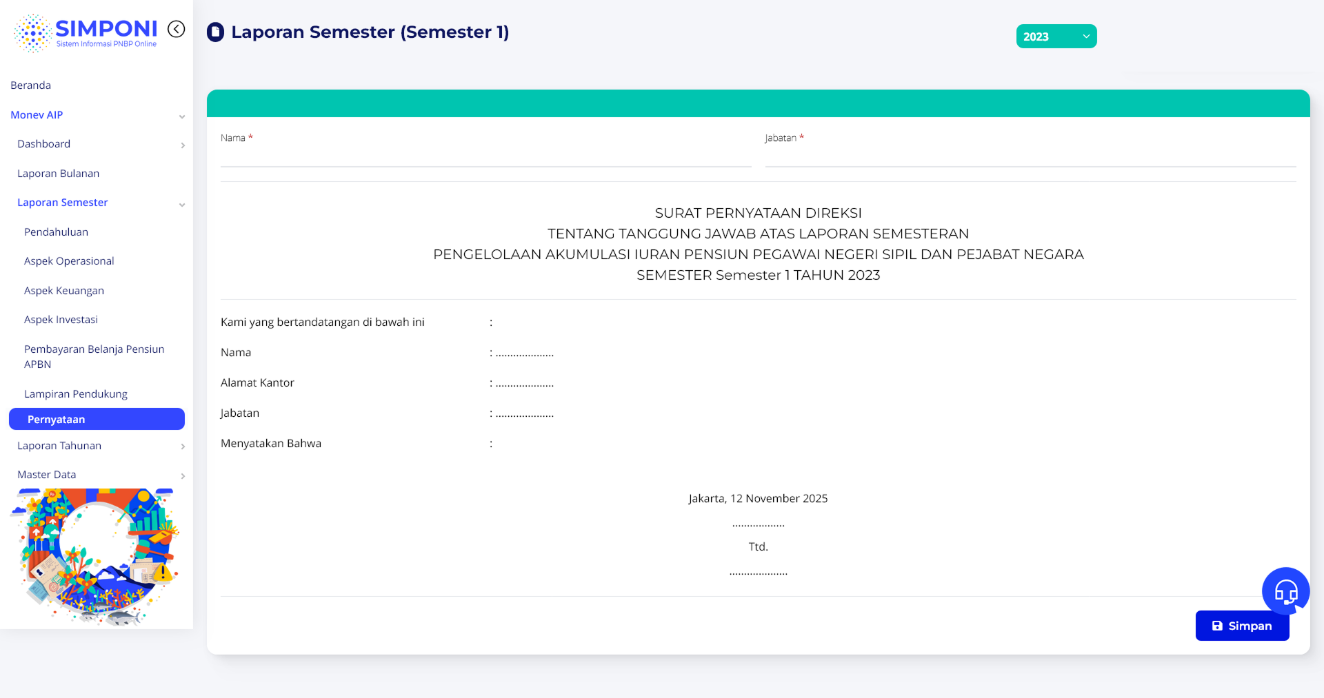 Tampilan Formulir Pernyataan Semester 1
