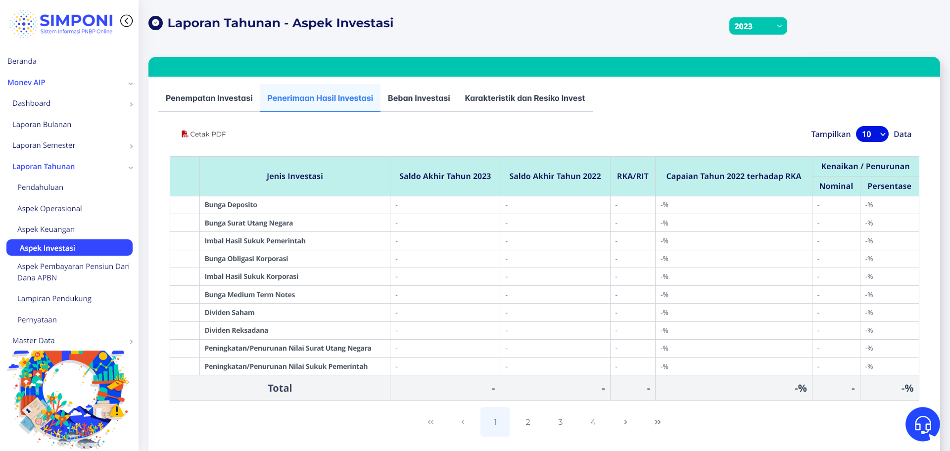 Tampilan Tab Penerimaan Hasil Investasi