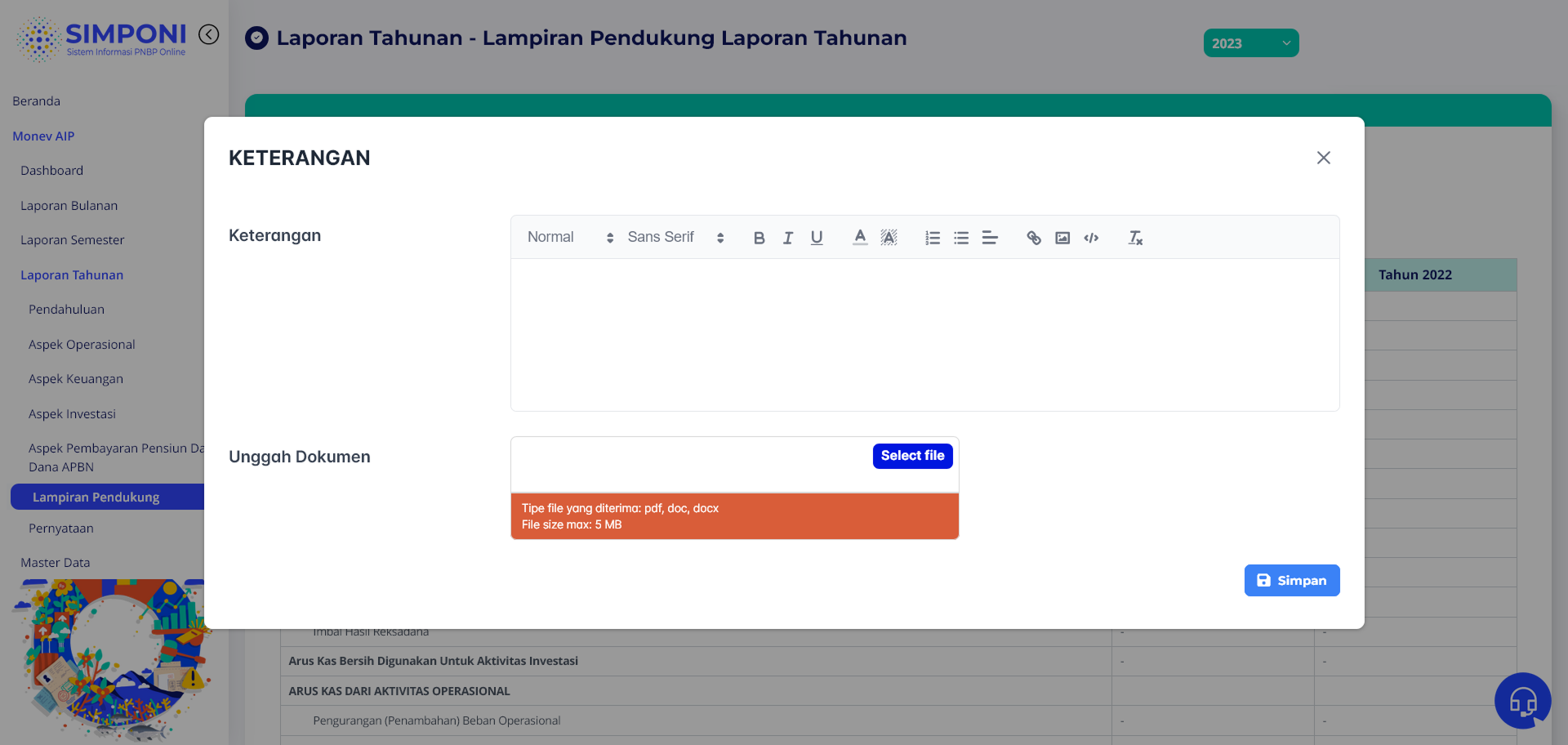 Tampilan Modal Keterangan Arus Kas