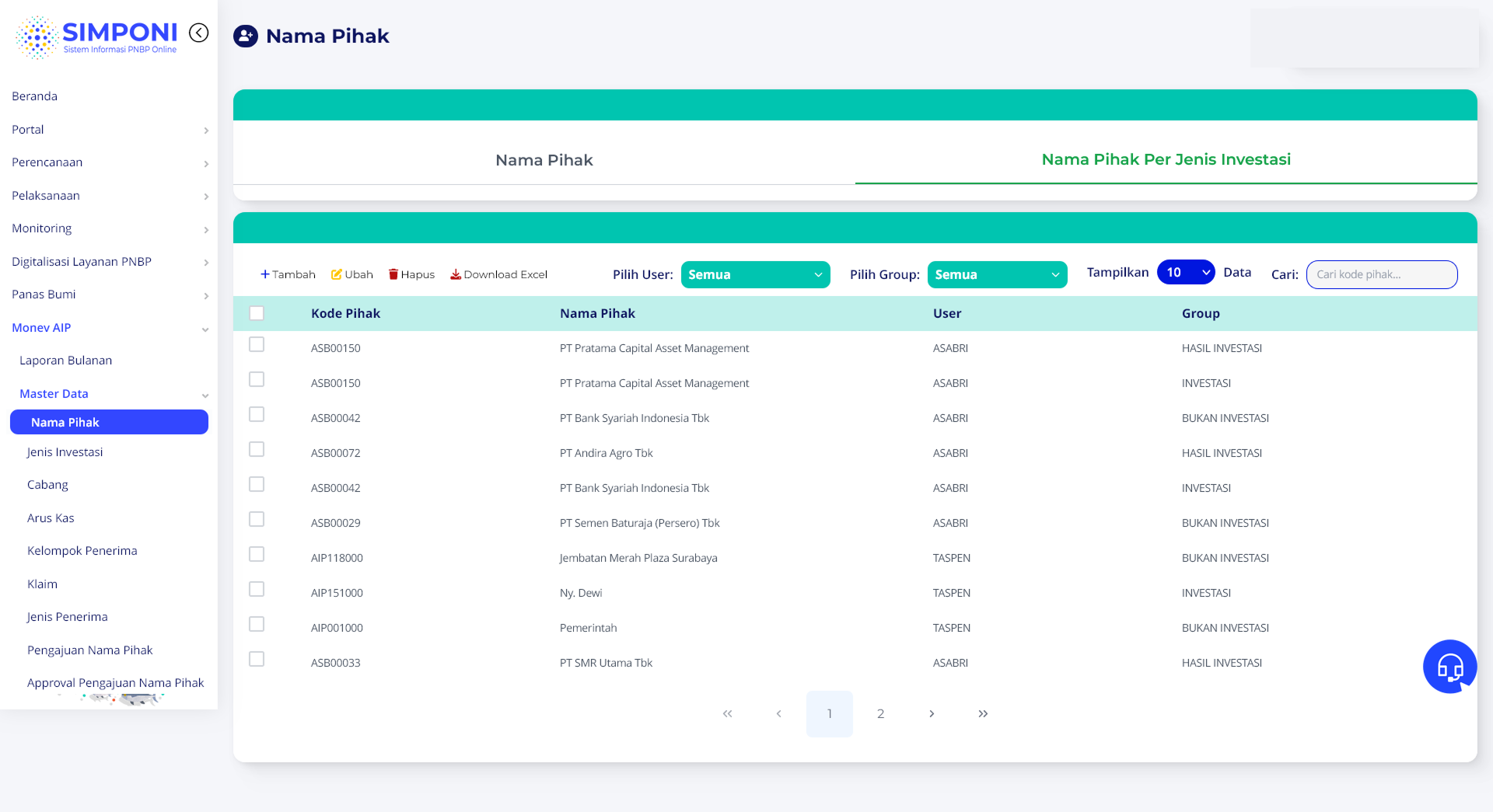Tampilan Daftar Nama Pihak Per Jenis Investasi