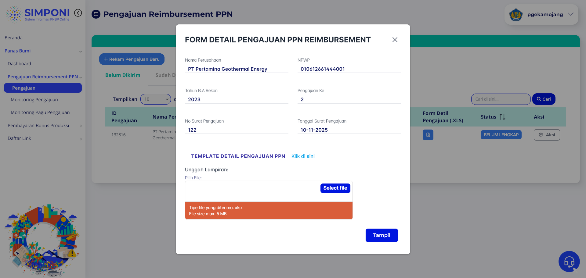 Tampilan Awal Rincian Faktur (sebelum upload XLS)