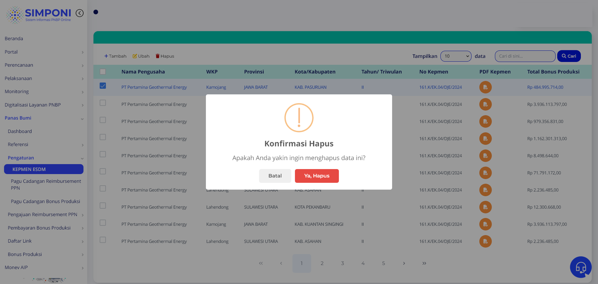 Konfirmasi Hapus Data KEPMEN ESDM