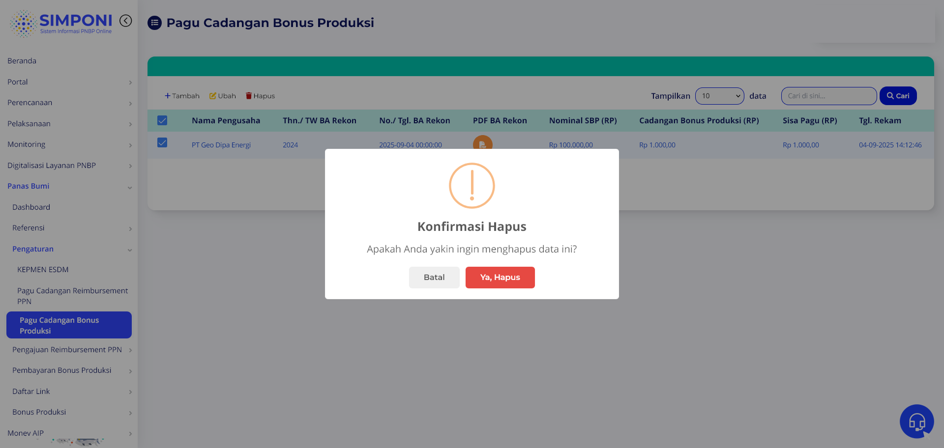 Konfirmasi Hapus Data Pagu Cadangan