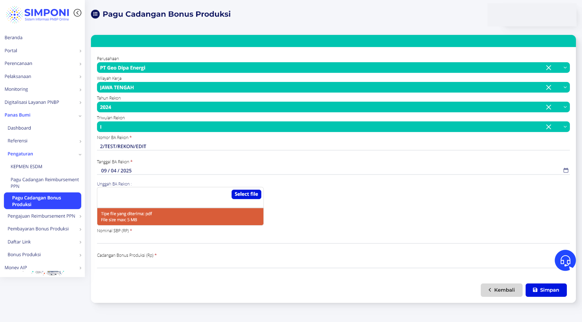 Formulir Ubah Data Pagu Cadangan