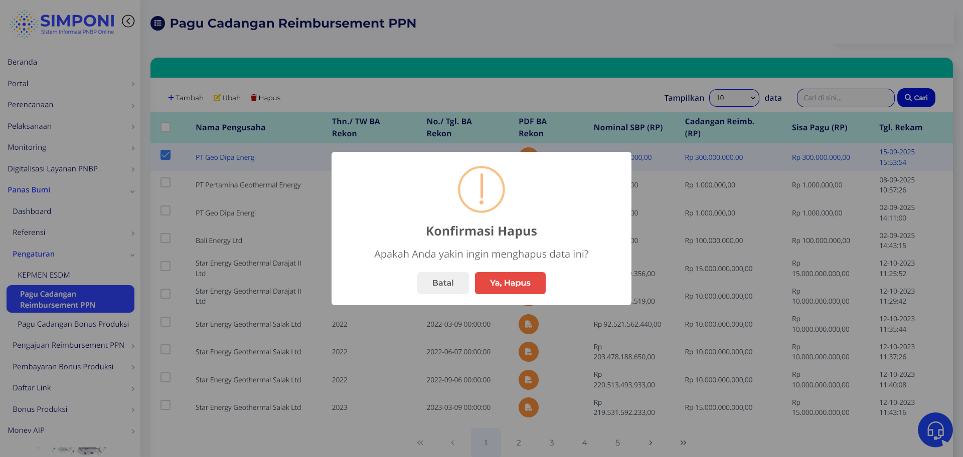 Konfirmasi Hapus Data Pagu Cadangan