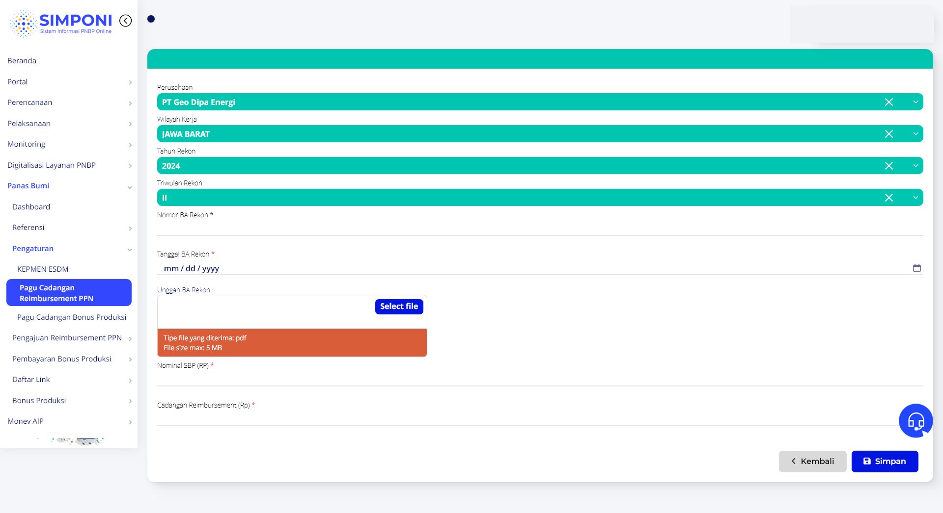 Formulir Tambah Data Pagu Cadangan