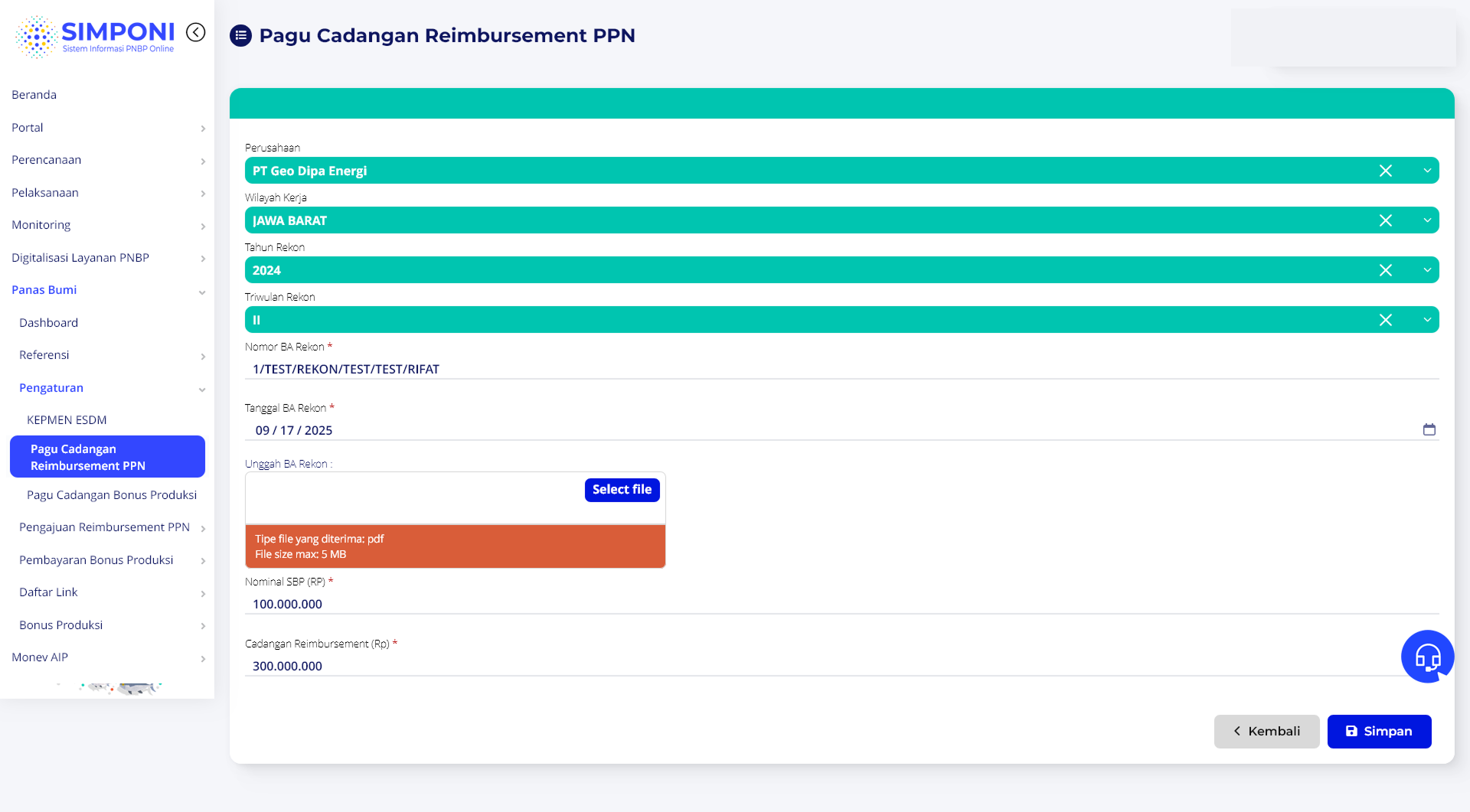 Formulir Ubah Data Pagu Cadangan