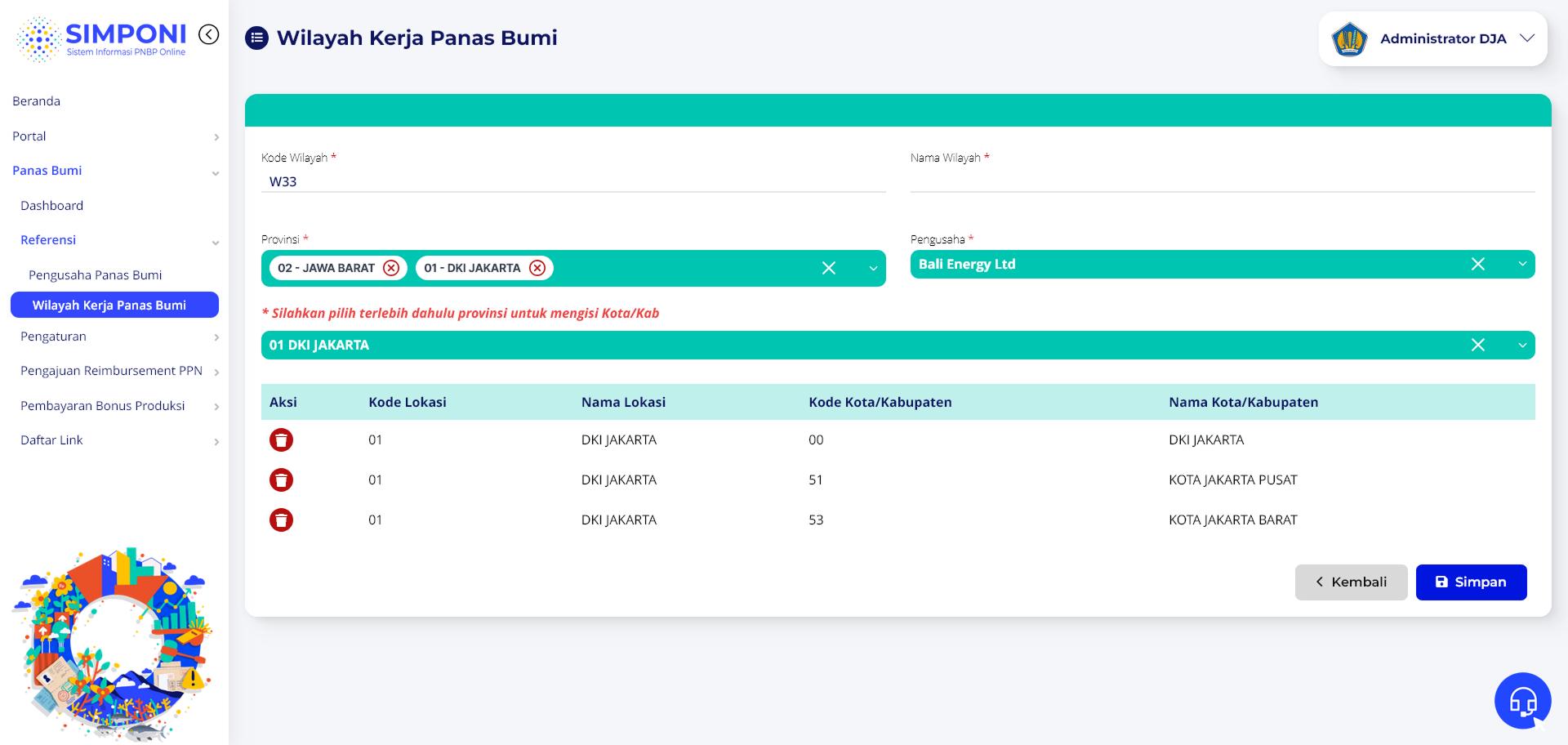 Tampilan Formulir dengan Daftar Kota/Kab yang sudah dipilih
