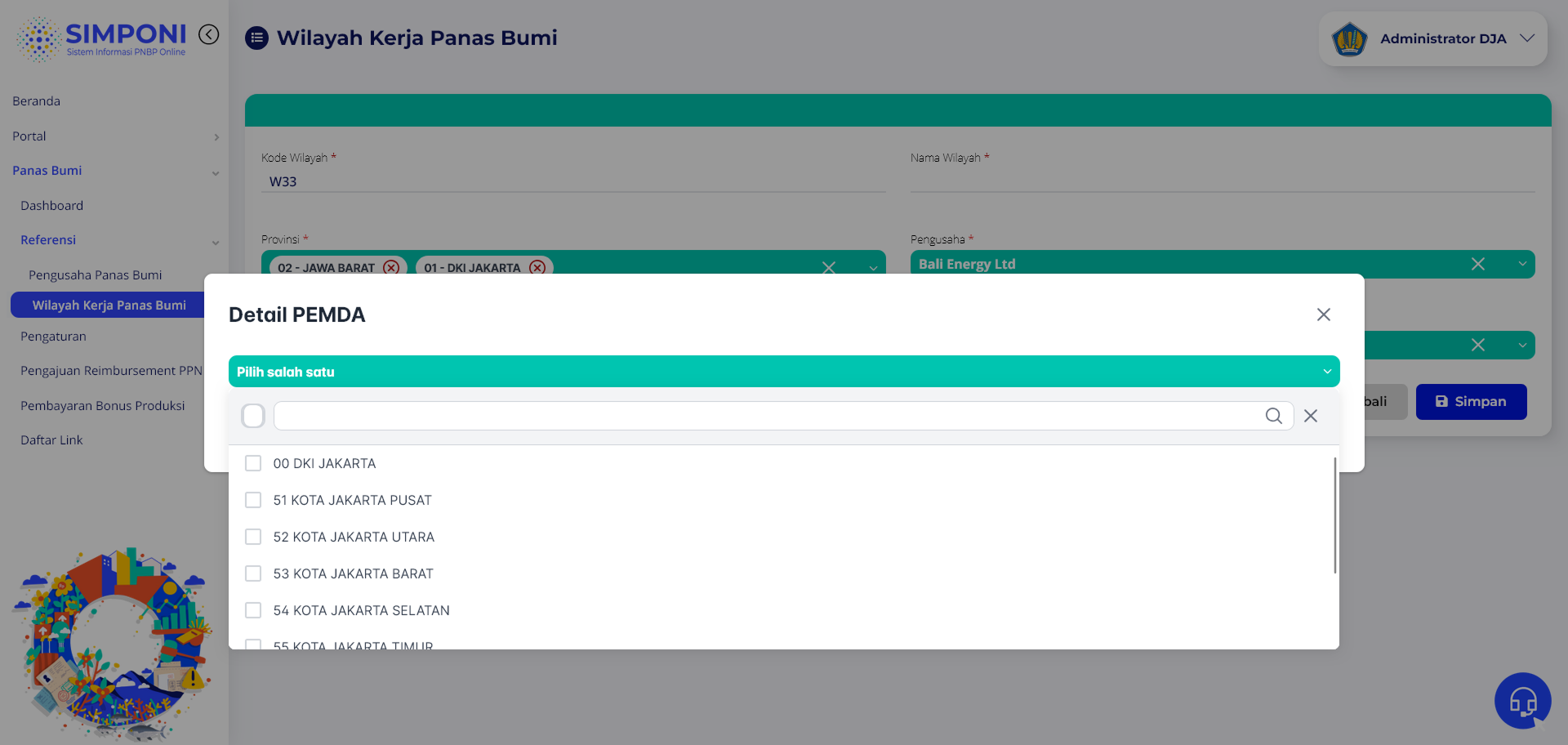 Tampilan Modal Detail PEMDA untuk memilih Kota/Kabupaten
