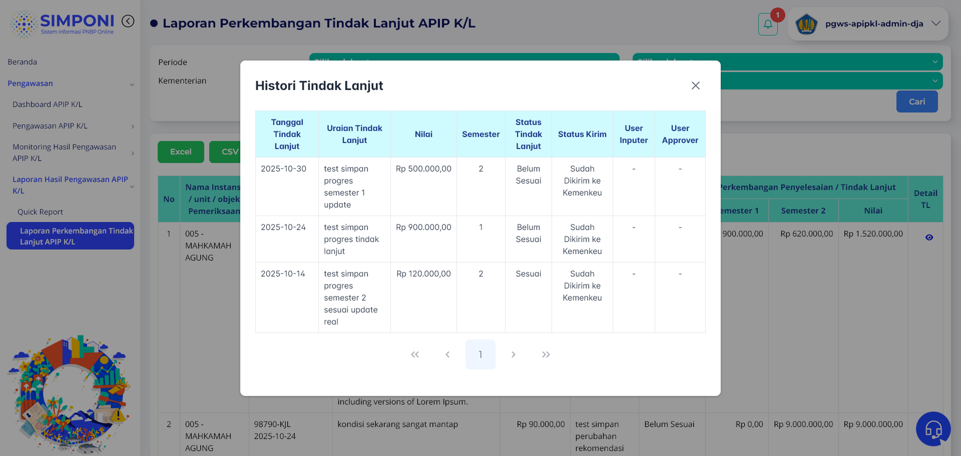 Tampilan Modal Histori Tindak Lanjut (Role Admin Ditpotwas)