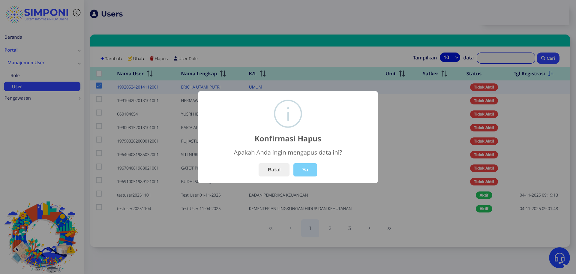 Modal Konfirmasi Hapus User