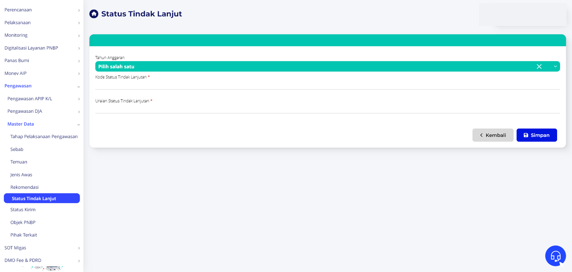 Formulir Tambah Status Tindak Lanjut