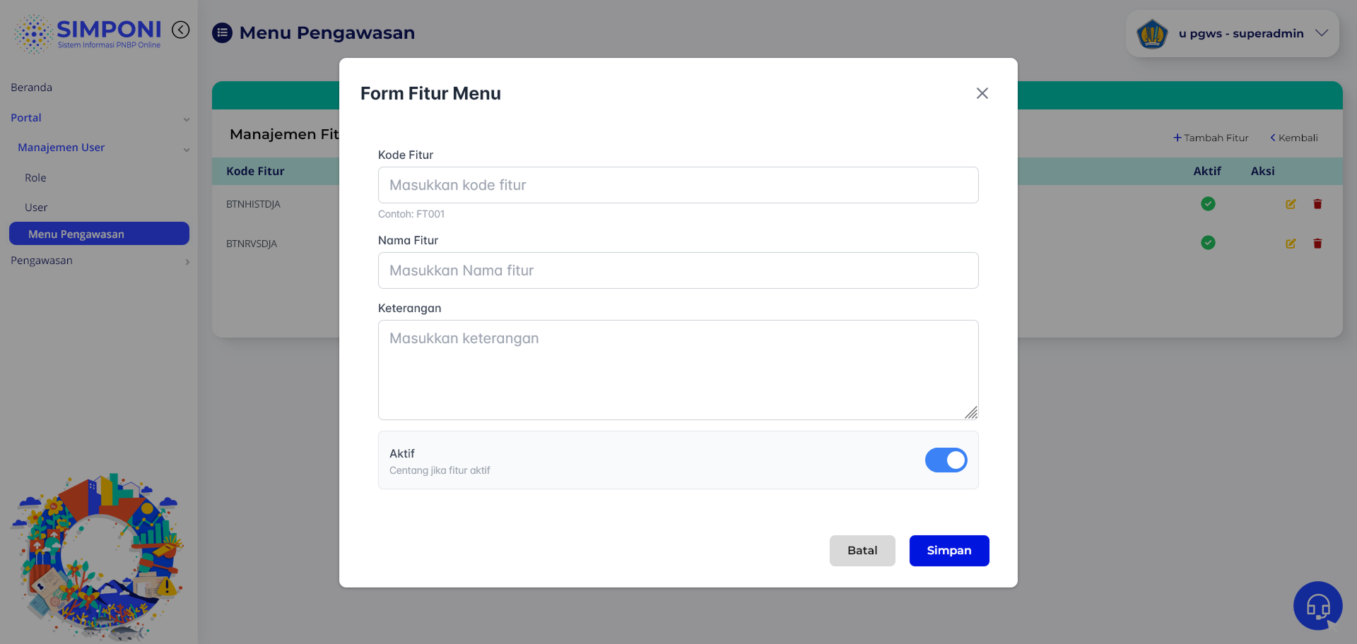 Tampilan Modal Form Fitur Menu