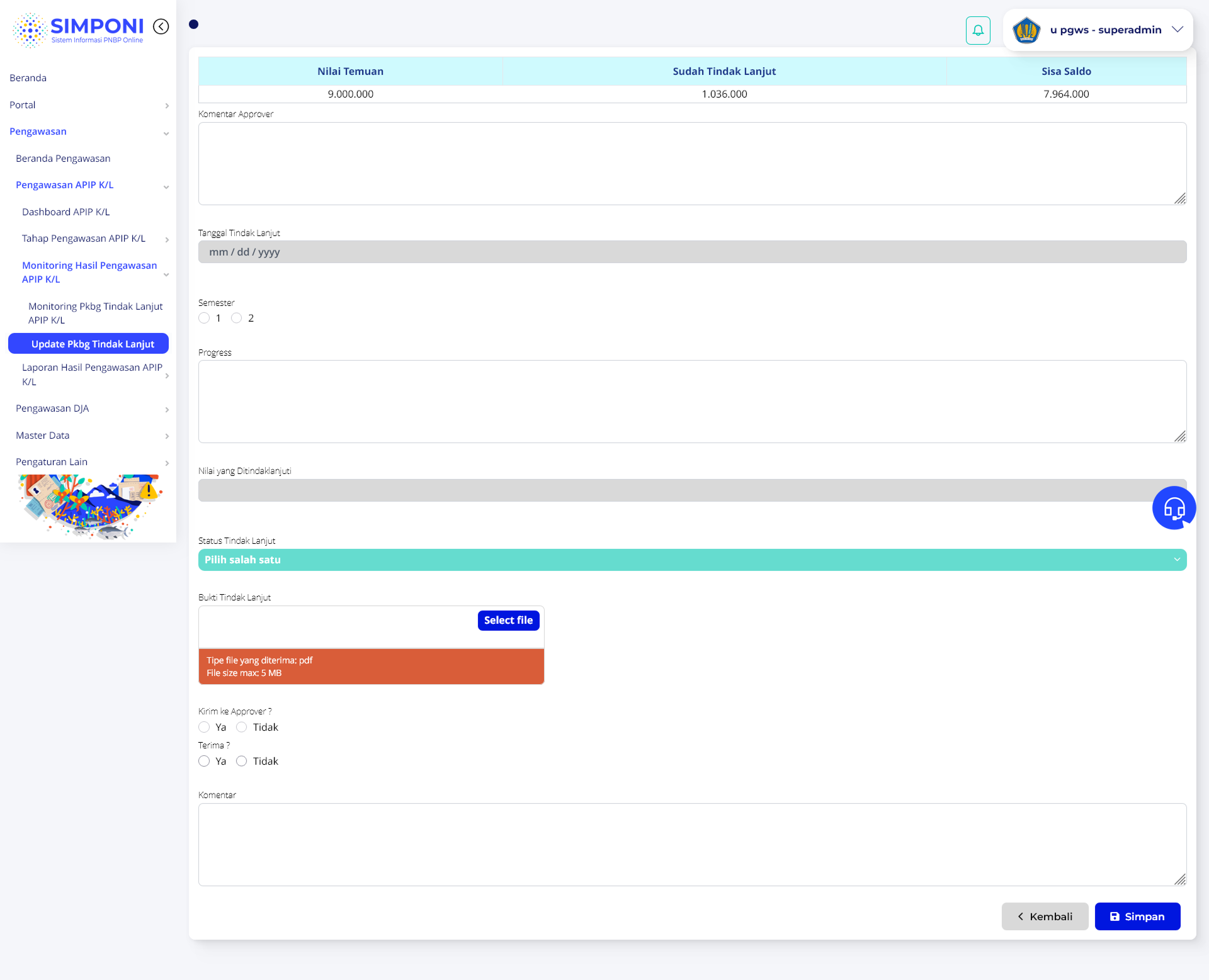 Tampilan Formulir Update Progres