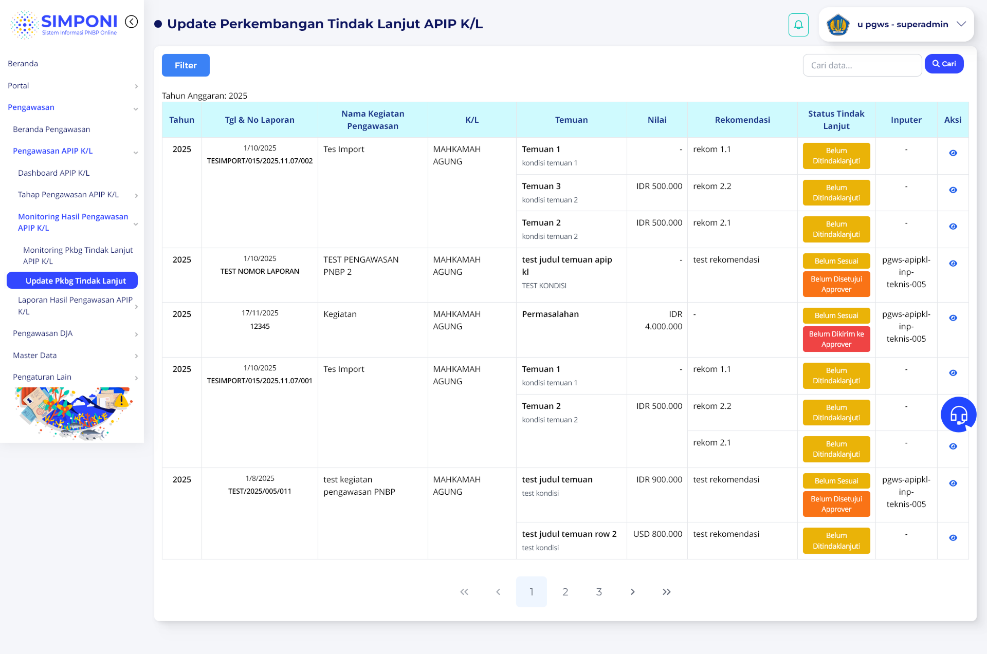 Tampilan Halaman Utama Update Tindak Lanjut