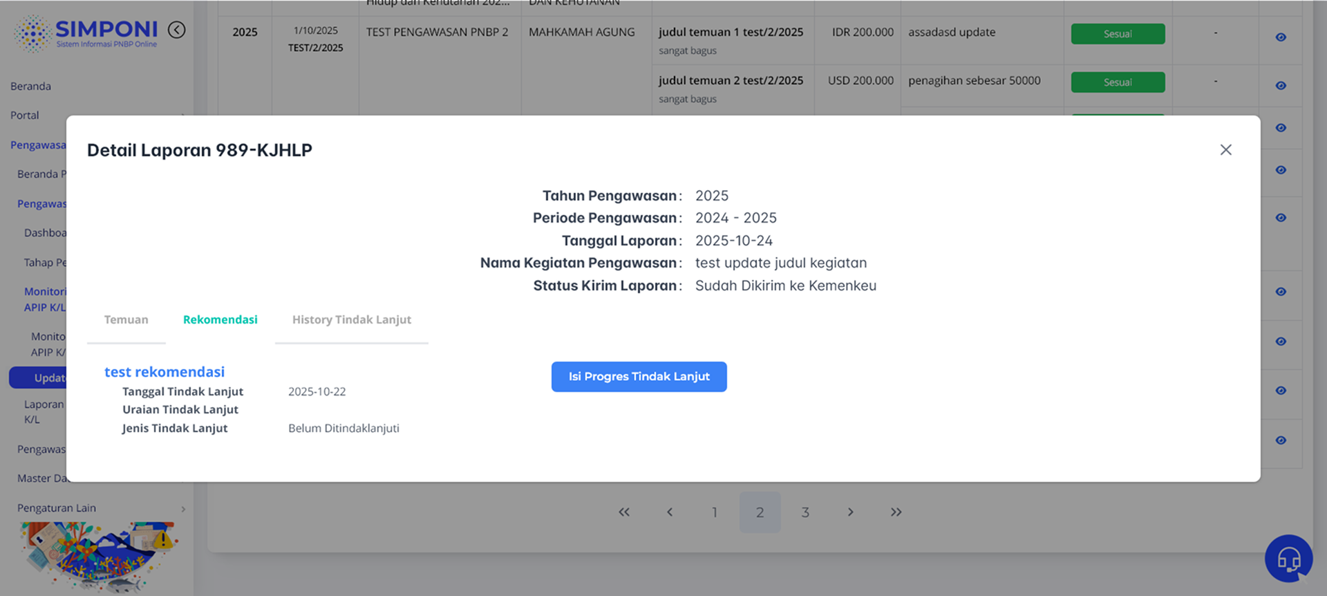 Tampilan Modal Detail Laporan