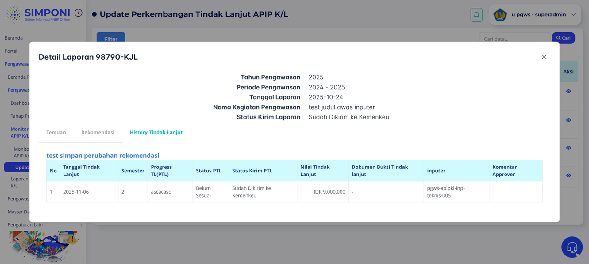 Tampilan Modal Histori Tindak Lanjut