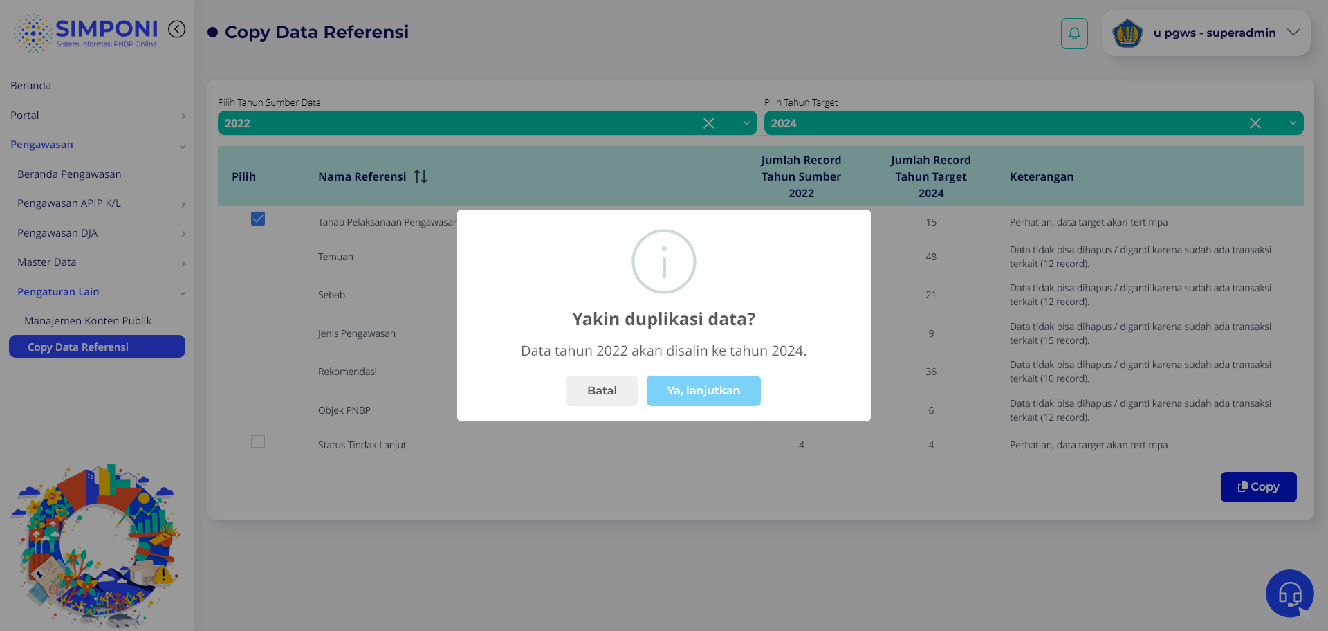 Tampilan Modal Konfirmasi Duplikasi