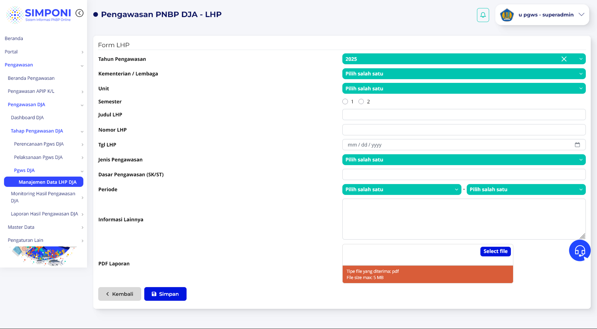 Form Input Data Induk LHP