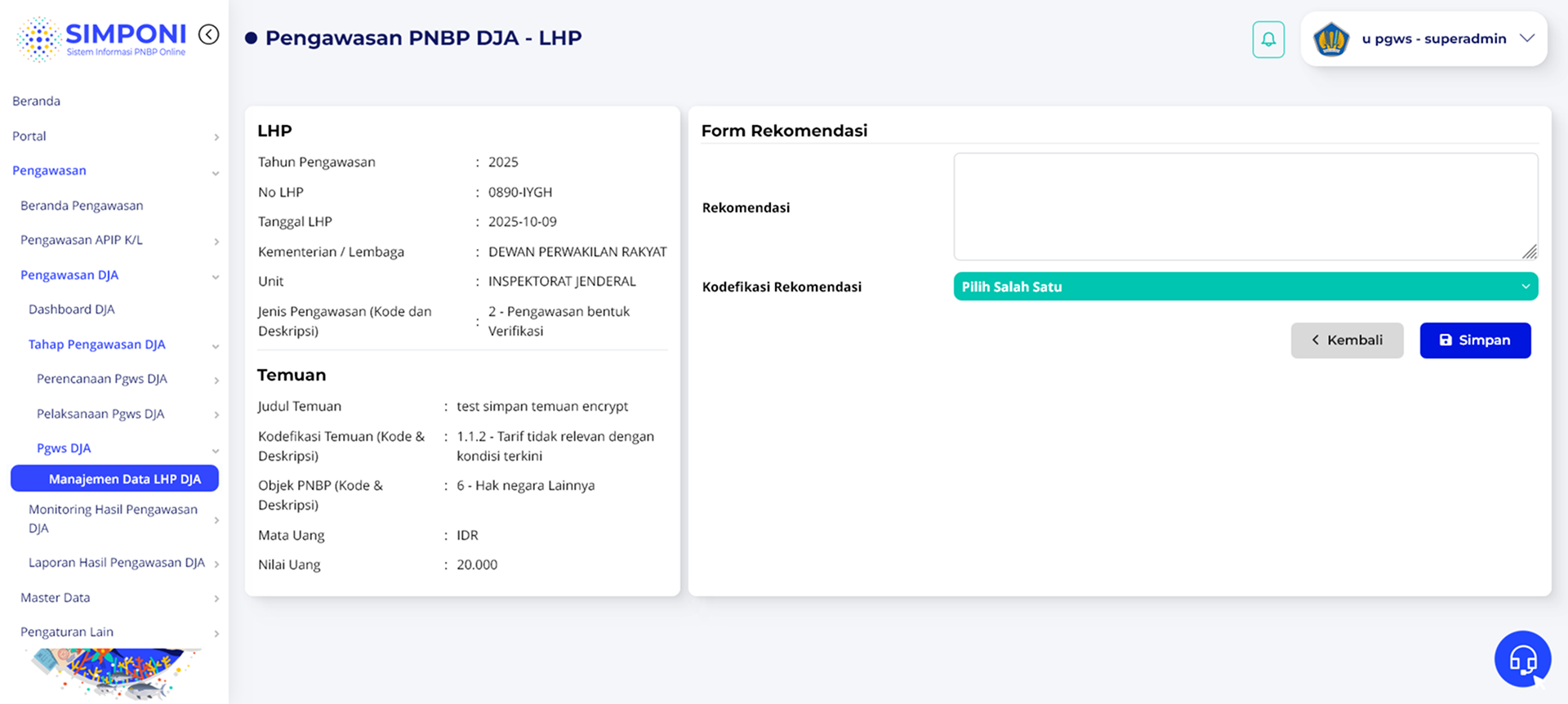 Form Input Rekomendasi LHP