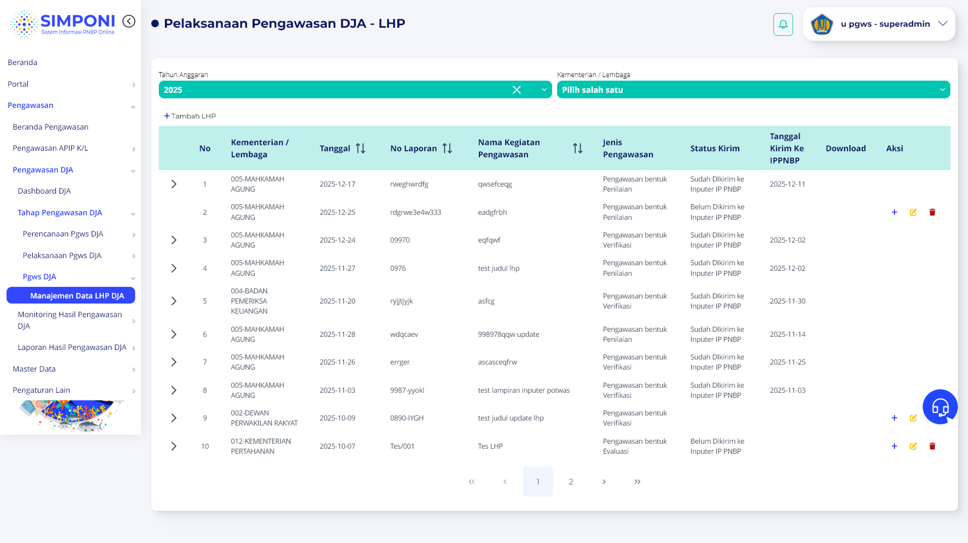 Halaman Daftar LHP DJA