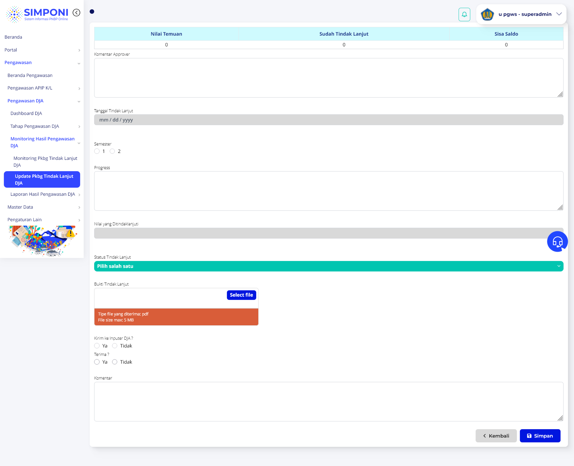 Formulir Update Progres Tindak Lanjut