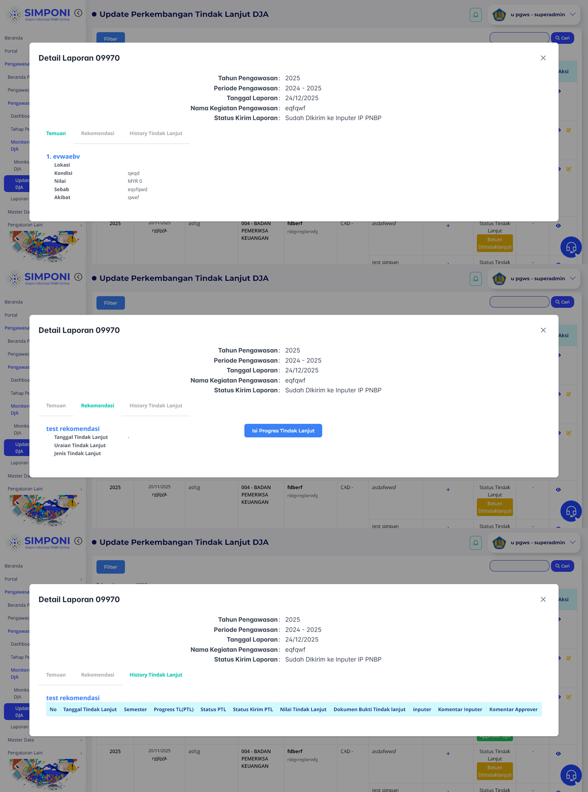 Modal Detail Laporan dan History