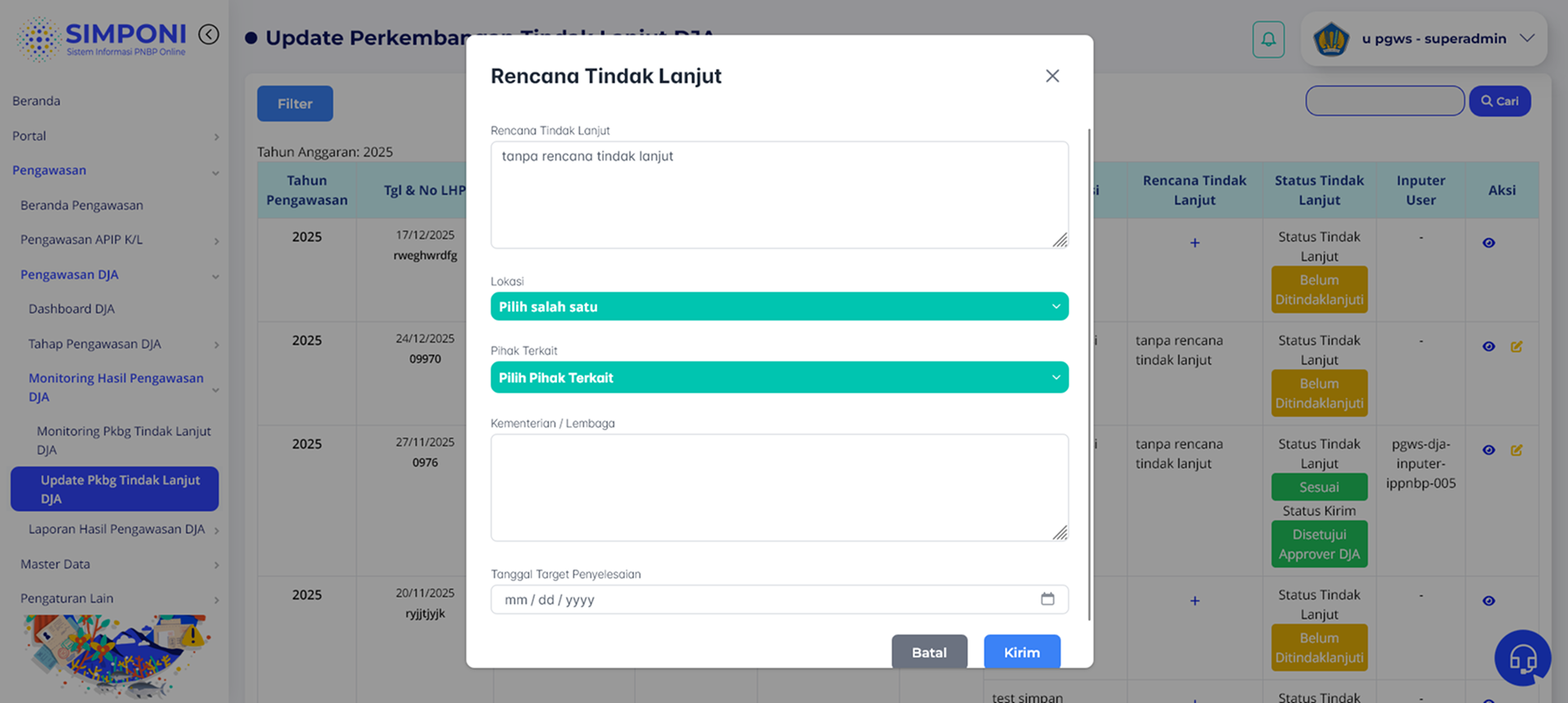 Modal Input Rencana Tindak Lanjut