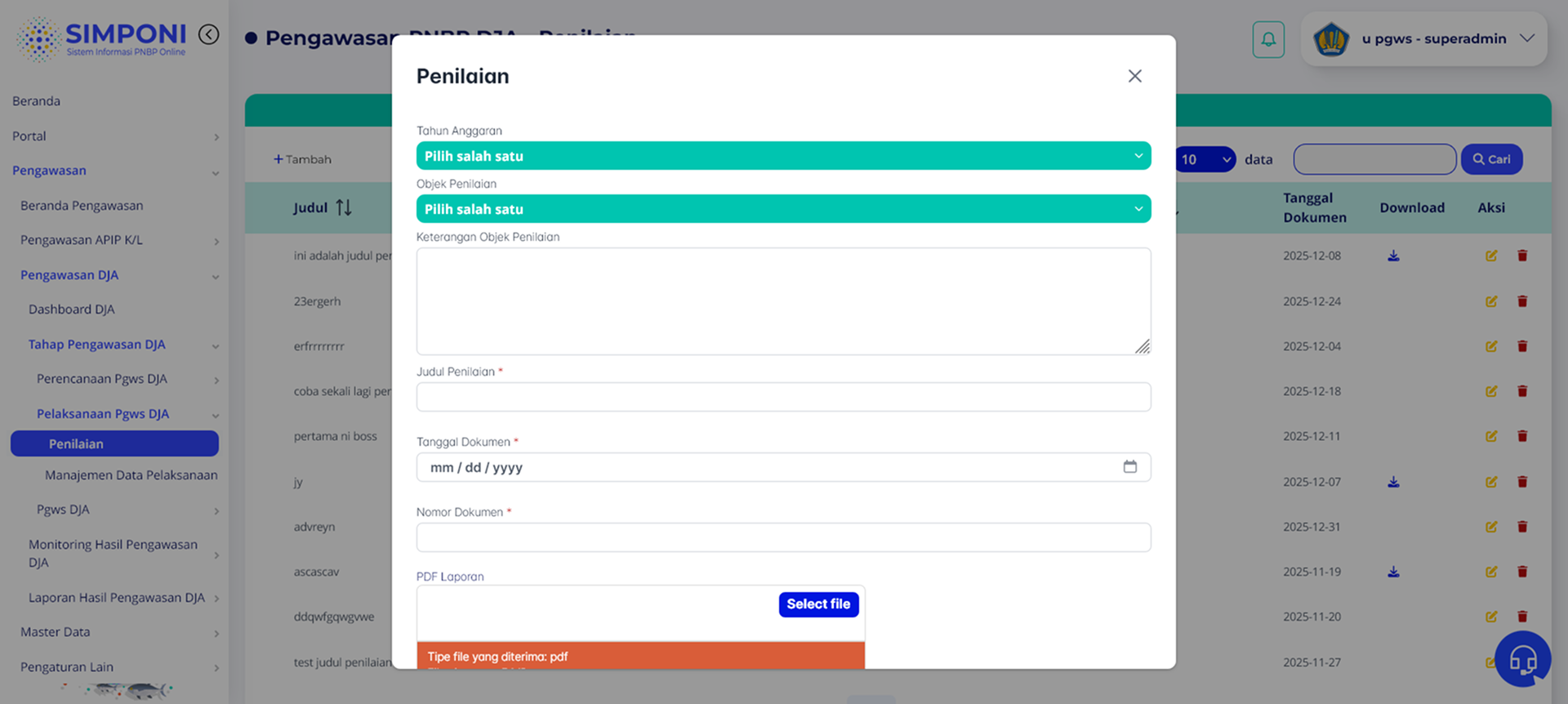 Formulir Modal Input Penilaian