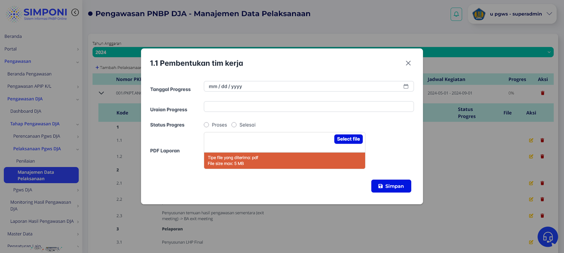 Modal Update Progres Pelaksanaan