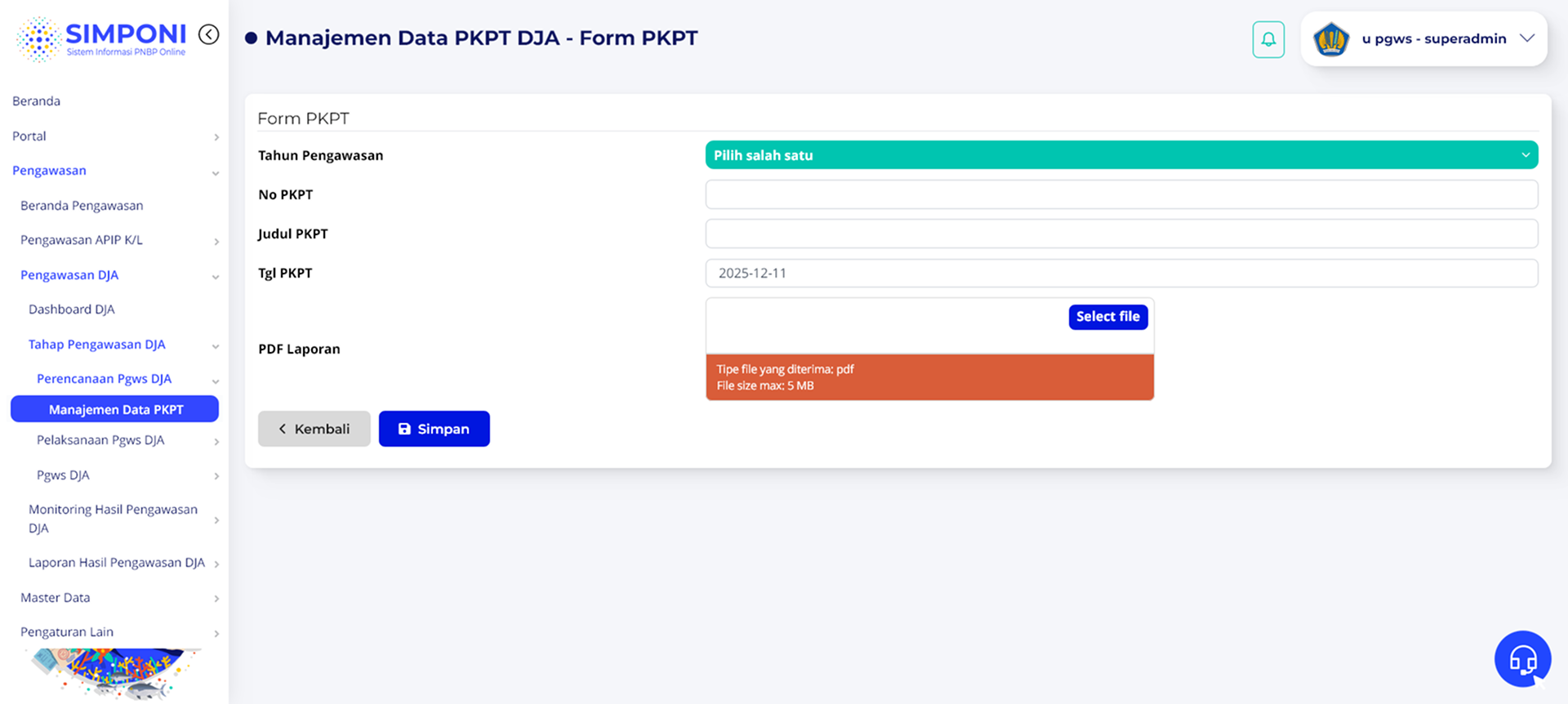 Form Input Data Induk PKPT