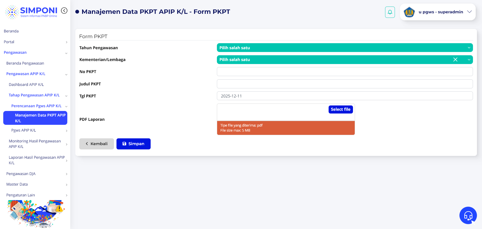 Tampilan Formulir Tambah PKPT