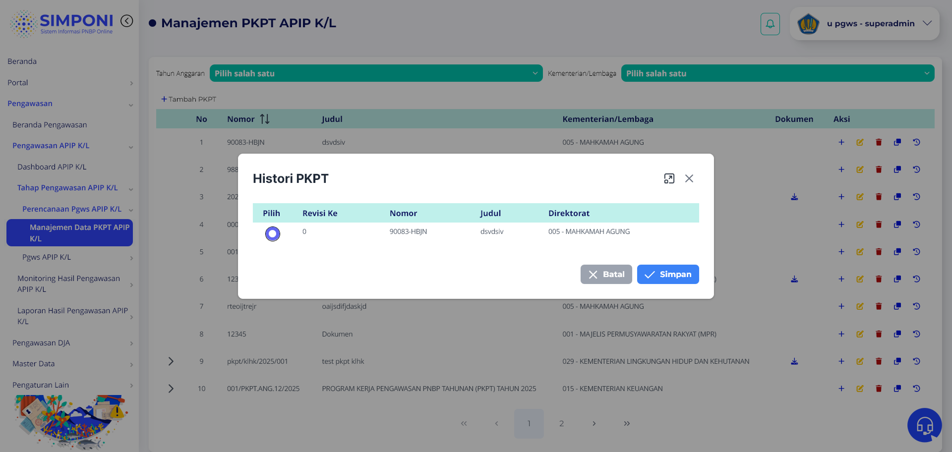 Tampilan Modal Histori PKPT