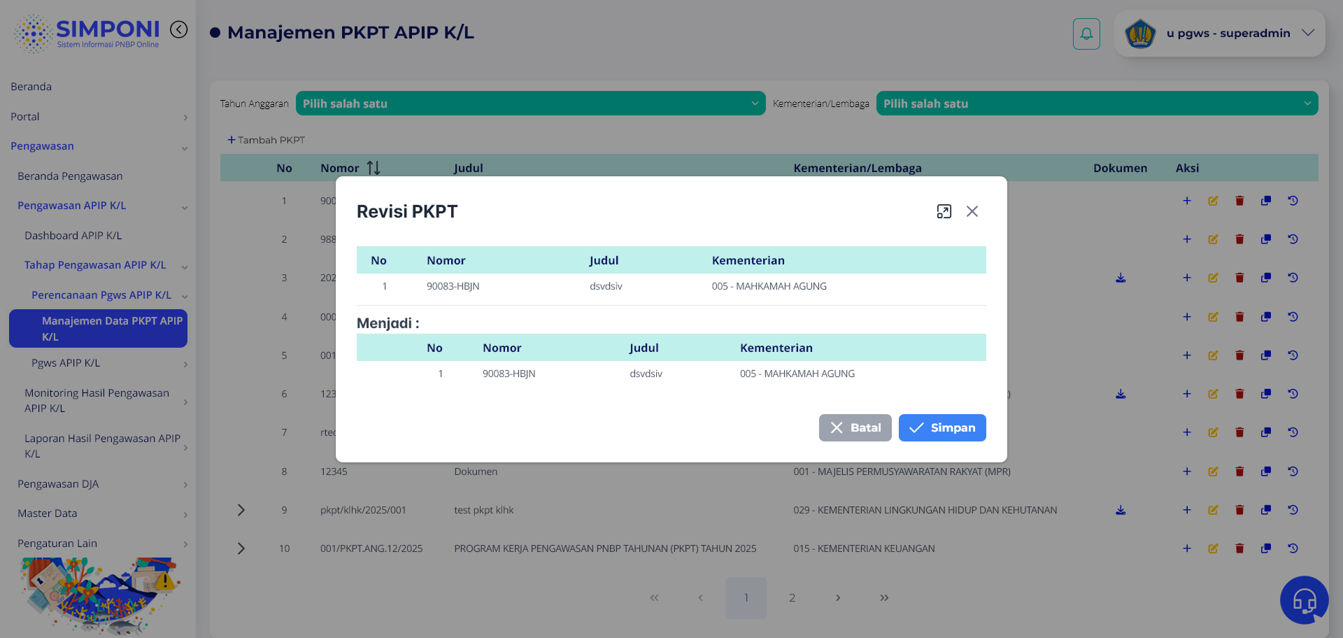 Tampilan Modal Revisi PKPT