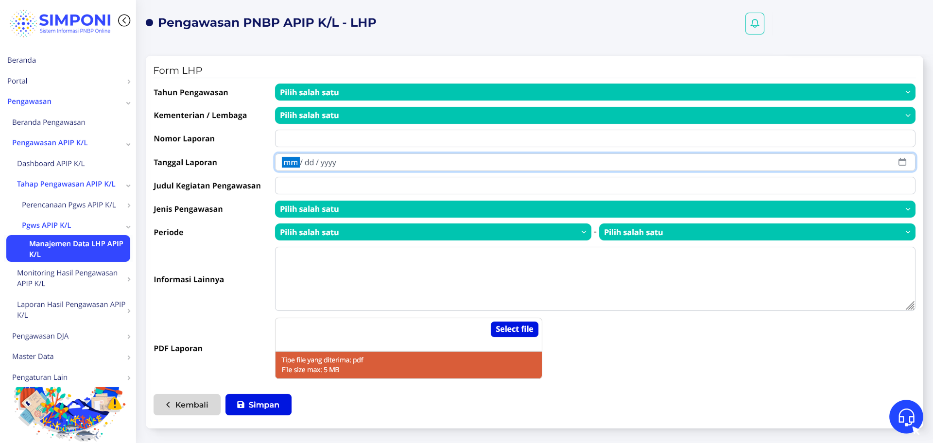 Tampilan Formulir Tambah LHP