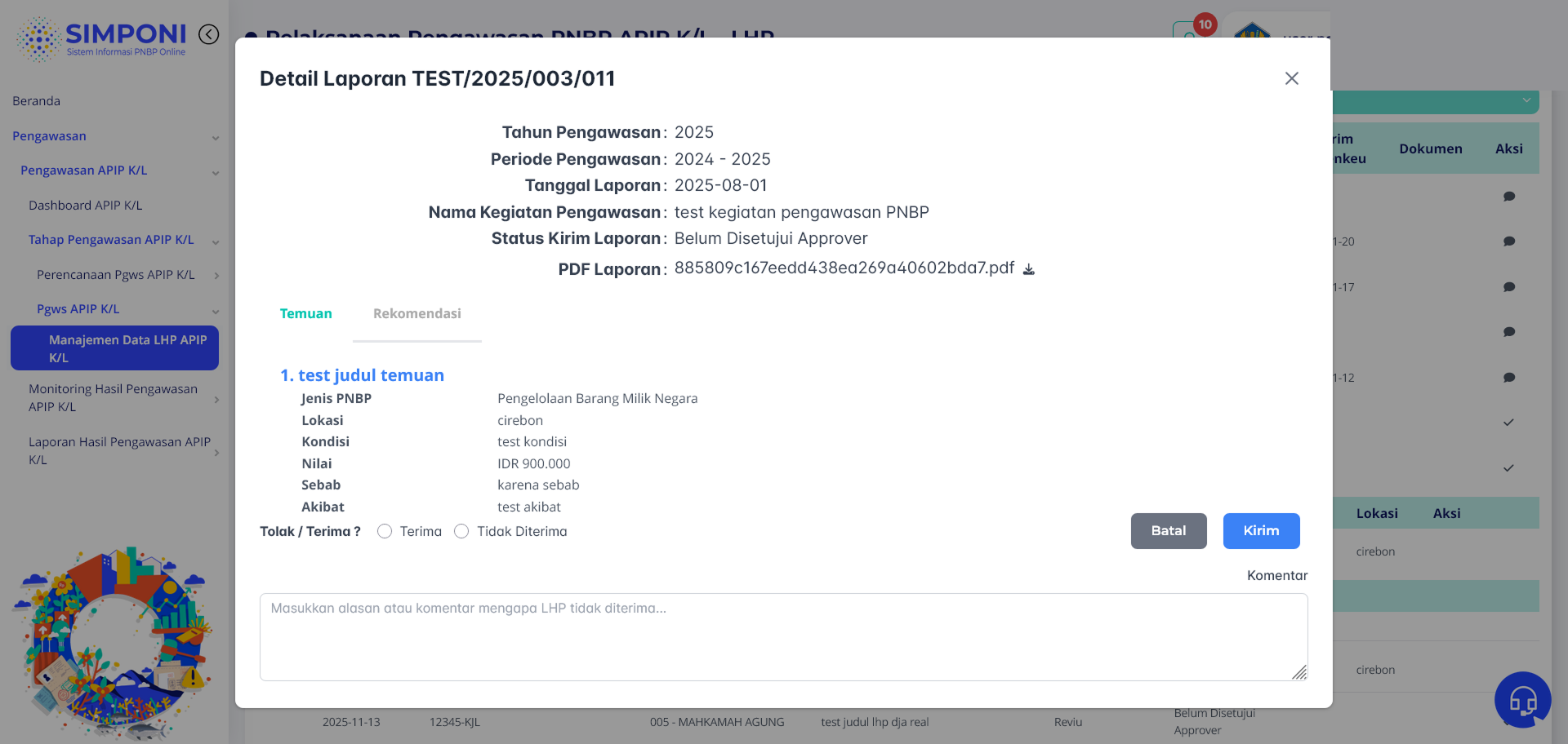 Tampilan Modal Verifikasi Kelengkapan